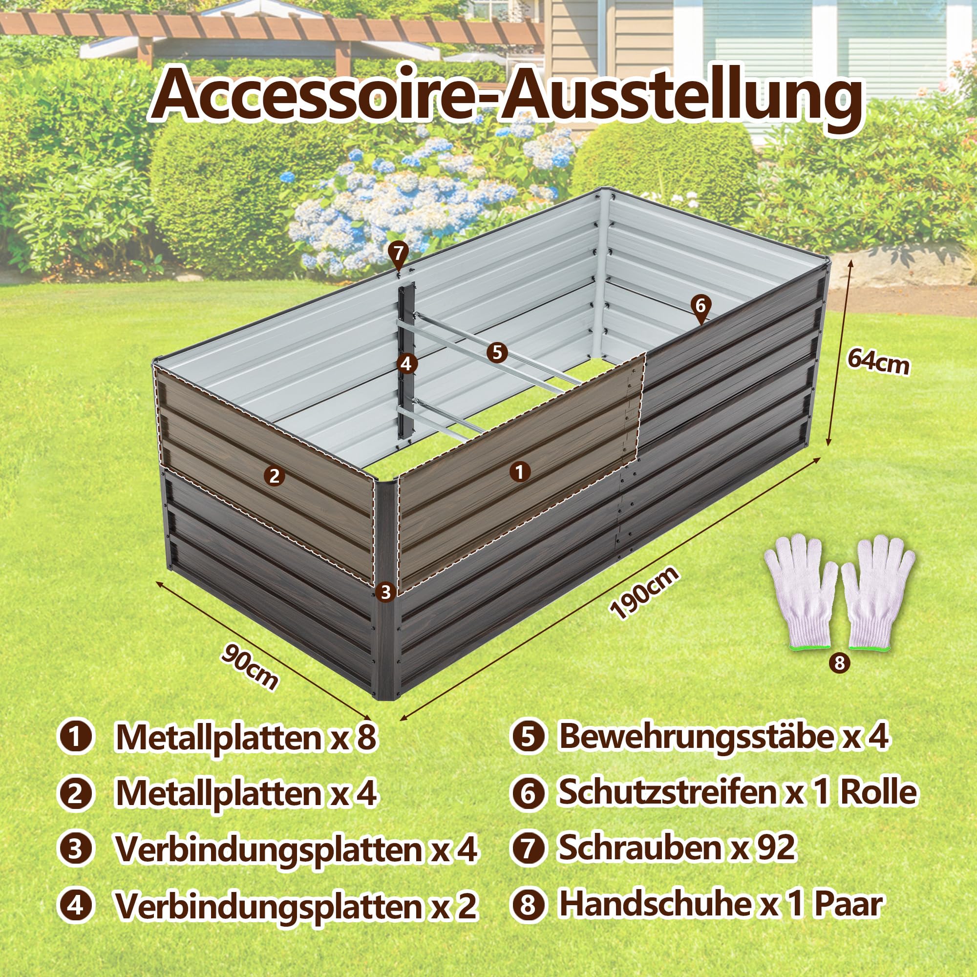 Thanaddo Hochbeet Metall Pflanzbeet, 190x90x64cm rechteckig Gemüsebeet aus verzinktem Stahl in Holzoptik, Gartenbeet Pflanzkasten Pflanzkasten Blumenkasten für Garten & Terrasse