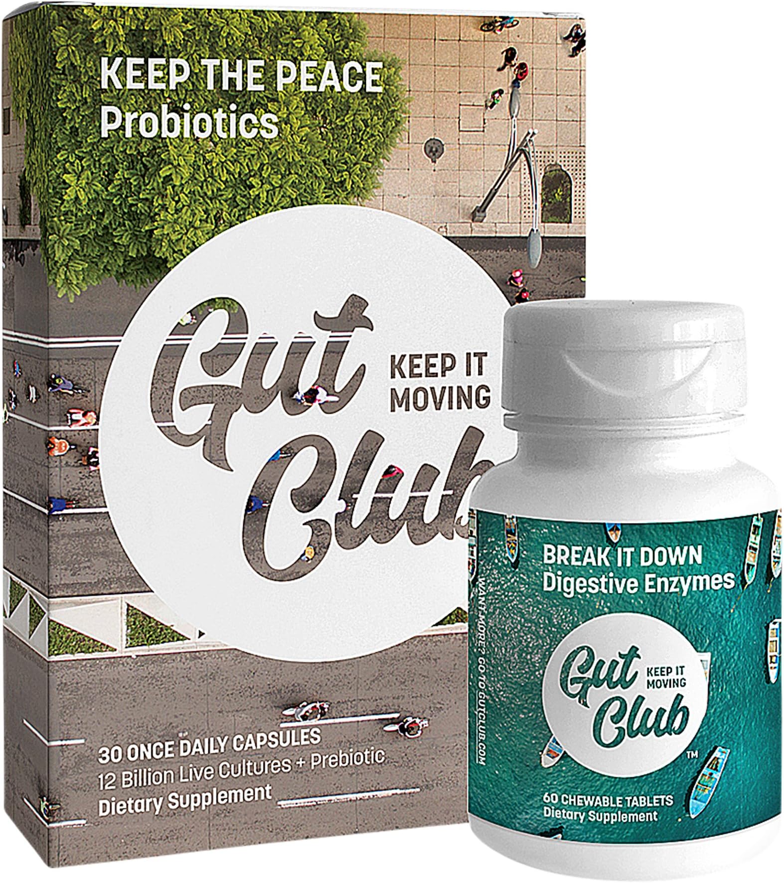 Gut Club - Essentials Combo, Daily Digestive Support Includes - Keep The Peace Daily Probiotic, 12 Billion CFU, 30 Day Supply and Break It Down Digestive Enzymes, 60 Chewable Mint Tablets