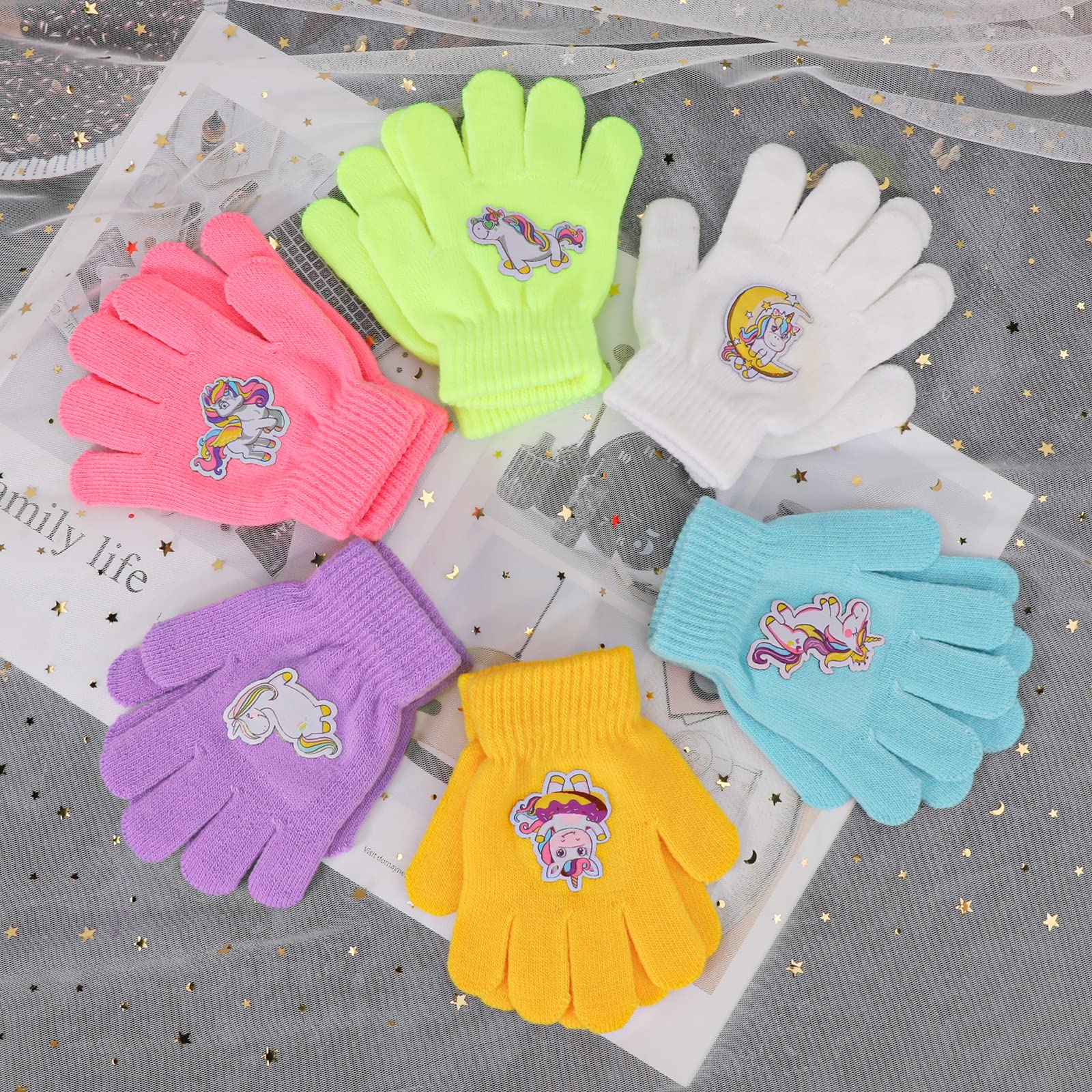 QKURT 6 Pares de Guantes de Punto para Niños Guantes Cálidos de Invierno para Niños Pequeños Manoplas Mágicas de alto Estiramiento con Patrón de Unicornio Novedoso Adecuado para Niñas de 5 a 12 años