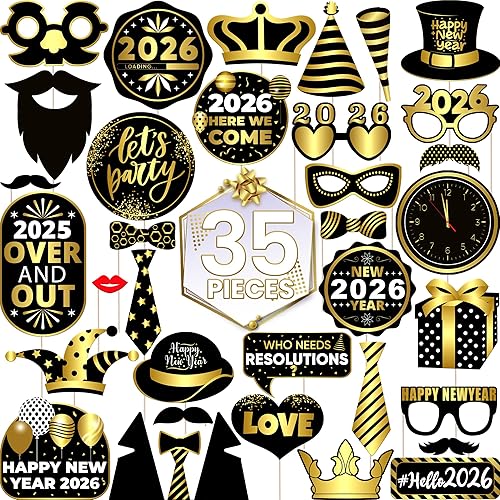Miniatura 2 de KatchOn, Accesorios para cabina de fotos de Nochevieja 2024 – Paquete de 35 | Accesorios de cabina de fotos de Año Nuevo dorado y negro para