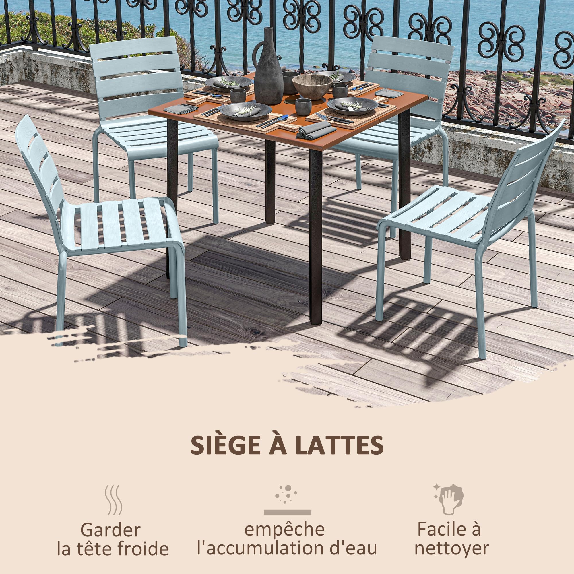 Outsunny Lot de 4 chaises de Jardin chaises de Bistro empilables avec Assise et Dossier à Lattes dim. 42L x 54l x 78H cm Gris