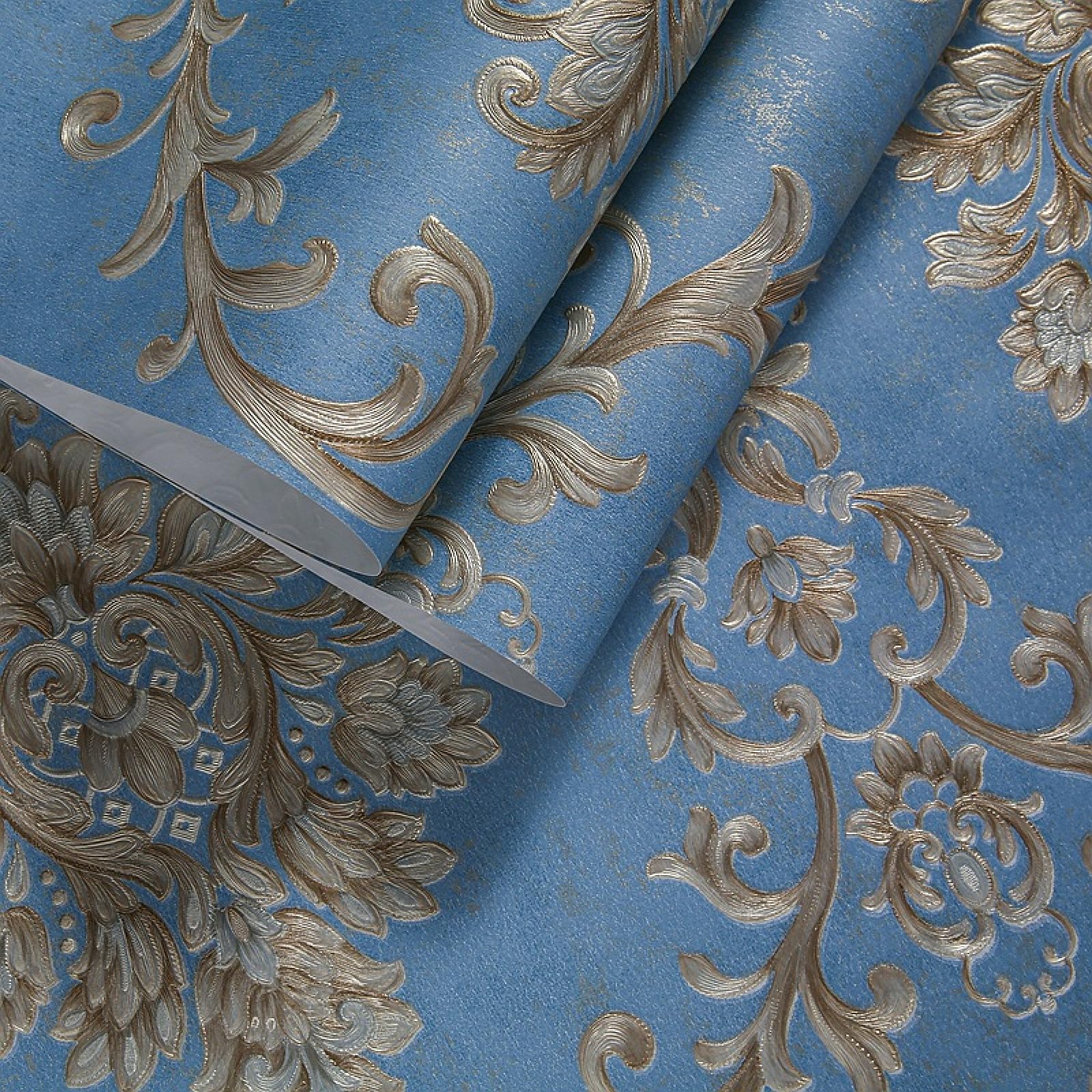 Papel Pintado Azul Oscuro 3D con Relieve Europeo para Dormitorio, Sala de Estar, Hotel, Papel Pintado con Flores Grandes, no Autoadhesivo