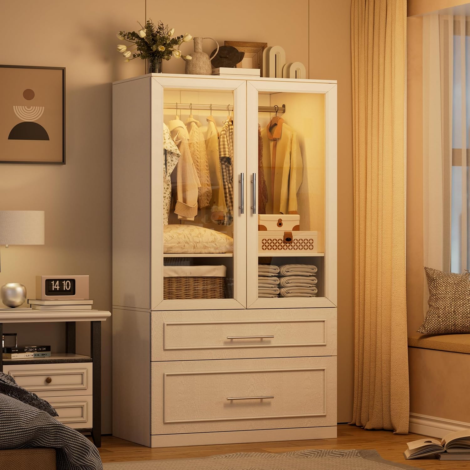 PAKASEPT Armoire Wardrobe Closet with Glass Door and Drawers, Bedroom Closet Wardrobe Cabinet with Hanging Rod, Lighted Freestanding Armoire Storage Cabinet for Bedroom Cloakroom White
