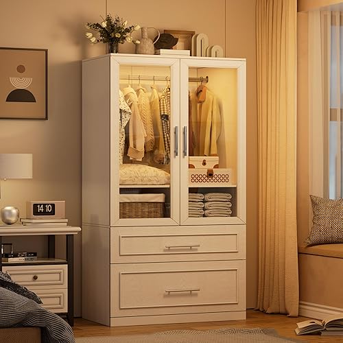 Miniatura 6 de PAKASEPT Armario Guardarropa con Puerta de Vidrio y Cajones, Gabinete Armario de Dormitorio con Barra Colgante, Armario Independiente Iluminado de