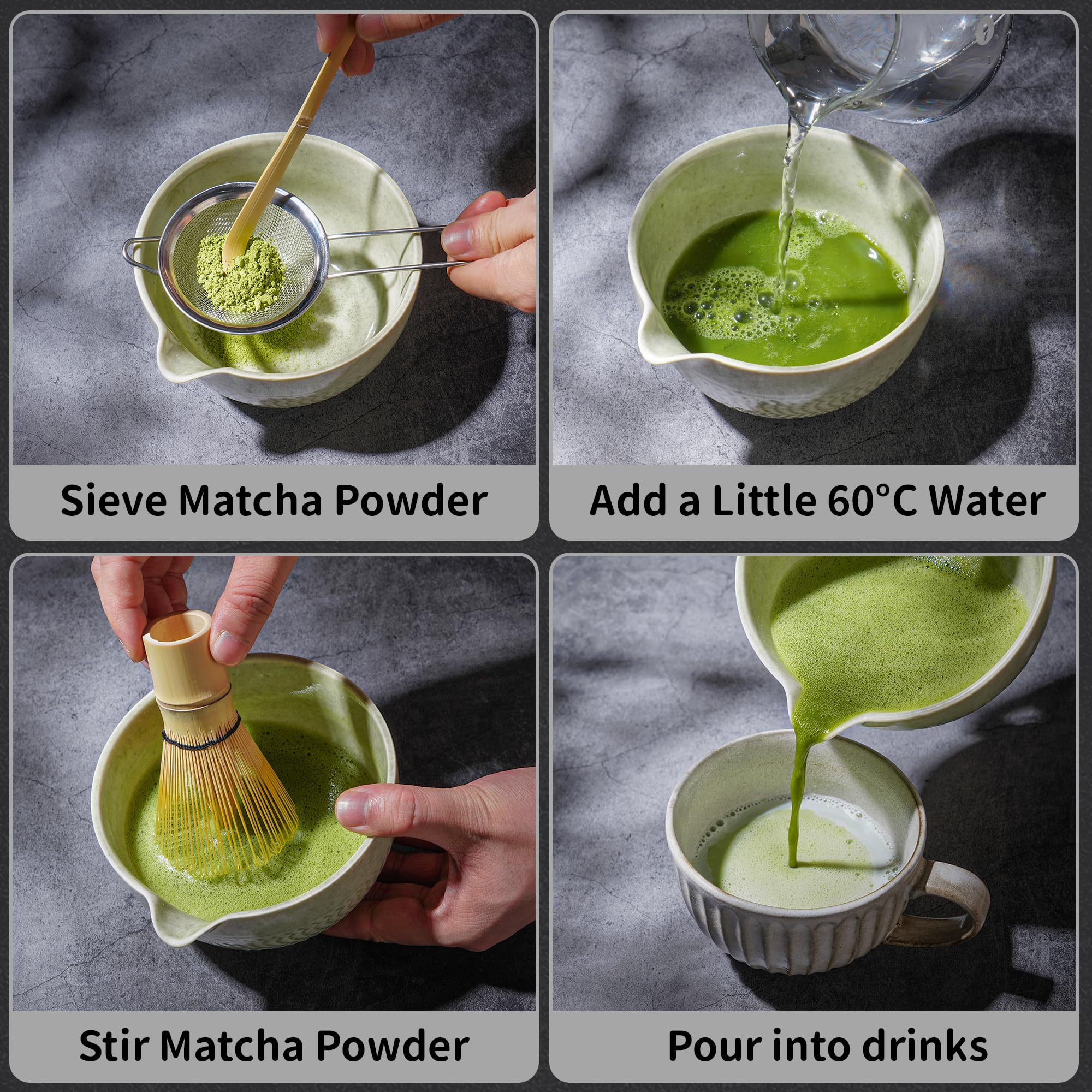 Set Matcha - 7 Pezzi Kit Cerimonia Completo con Frusta Matcha in Bambù Cucchiaio, Colino, Ciotola, Strofinaccio, Portacucchiaio e Supporto per Frusta - per Regalo Del Compleanno e Natale