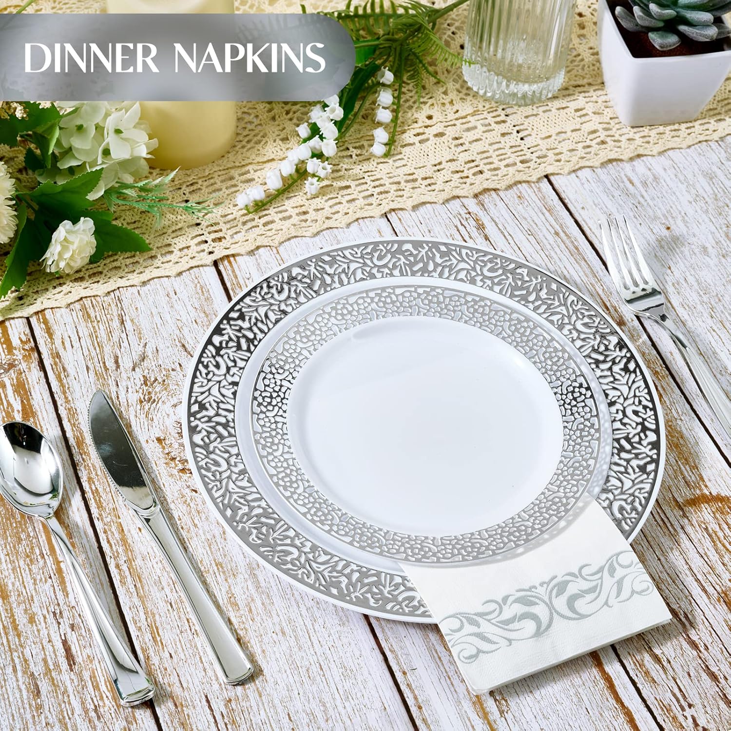 Vplus 600 Pack Paper Napkins Guest Towels Disposable Premium Quality 3-ply Dinner Napkins Disposable Soft, Absorbent, for Kitchen, Wedding, Parties, Dinners or Events(Silver)