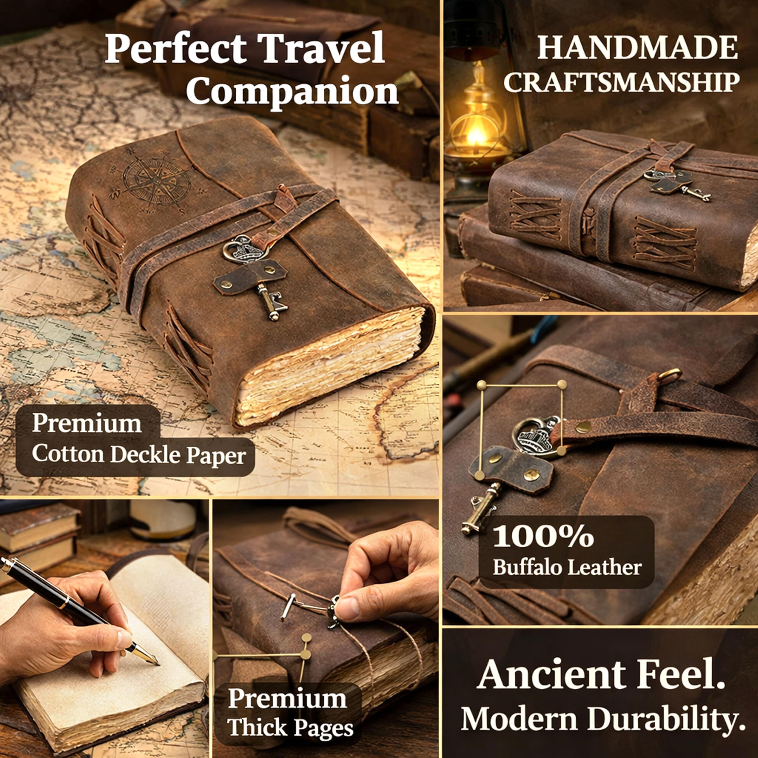 Boussole Journal vintage en cuir – Journal relié en cuir antique fait à la main avec papier à bords surélevés pour homme et femme – Carnet de croquis en cuir – Carnet de dessin – Cadeau (marron