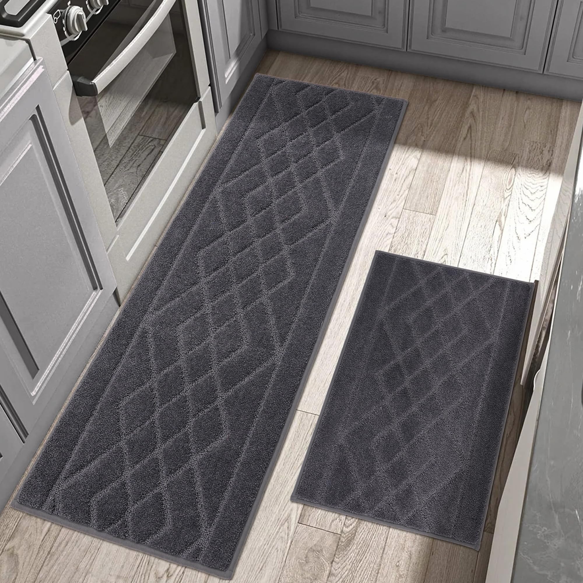 BEQHAUSE Küchenteppich 2 Stück rutschfeste, Maschinenwaschbare Küchenmatten, Saugfähige, Weiche Küchenläufer für Küche, Esszimmer, Dunkelgrau, 50X76cm+50X122cm