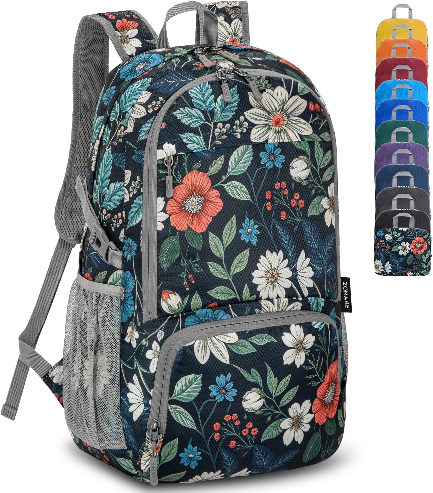 Lightweight Packable Backpack 30L, Foldable Hiking Backpacks Water Resistant Compact Folding Daypack for Travel(Navy blue,Floral pattern)