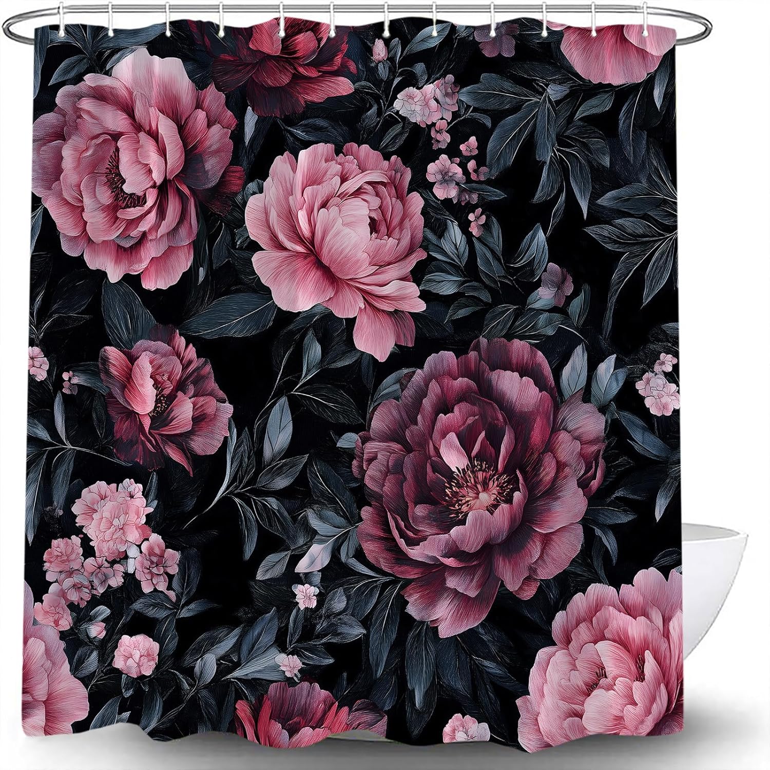 Black Floral Shower Curtain Vintage Boho Retro Rose Peony Botanical Rustic Flower Leaves Watercolor Spring Plant Decor Bathroom Curtain Set with Hook