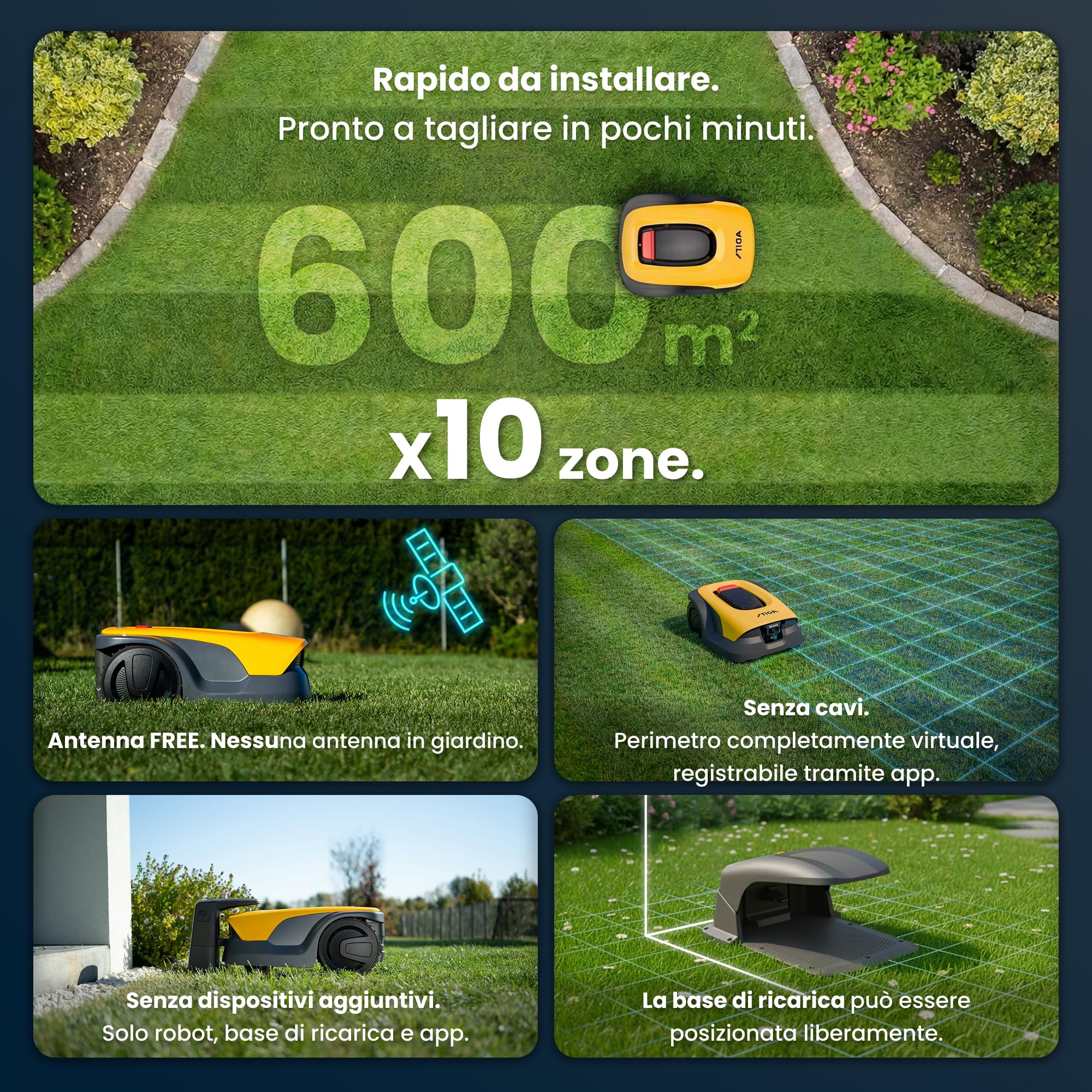 STIGA A 6v a Robot Tagliaerba, 25,2 V, 18 cm – Telecamera AI Integrata, Navigazione Autonoma Senza Cavi, Garage Incluso – Prati fino a 600 m²