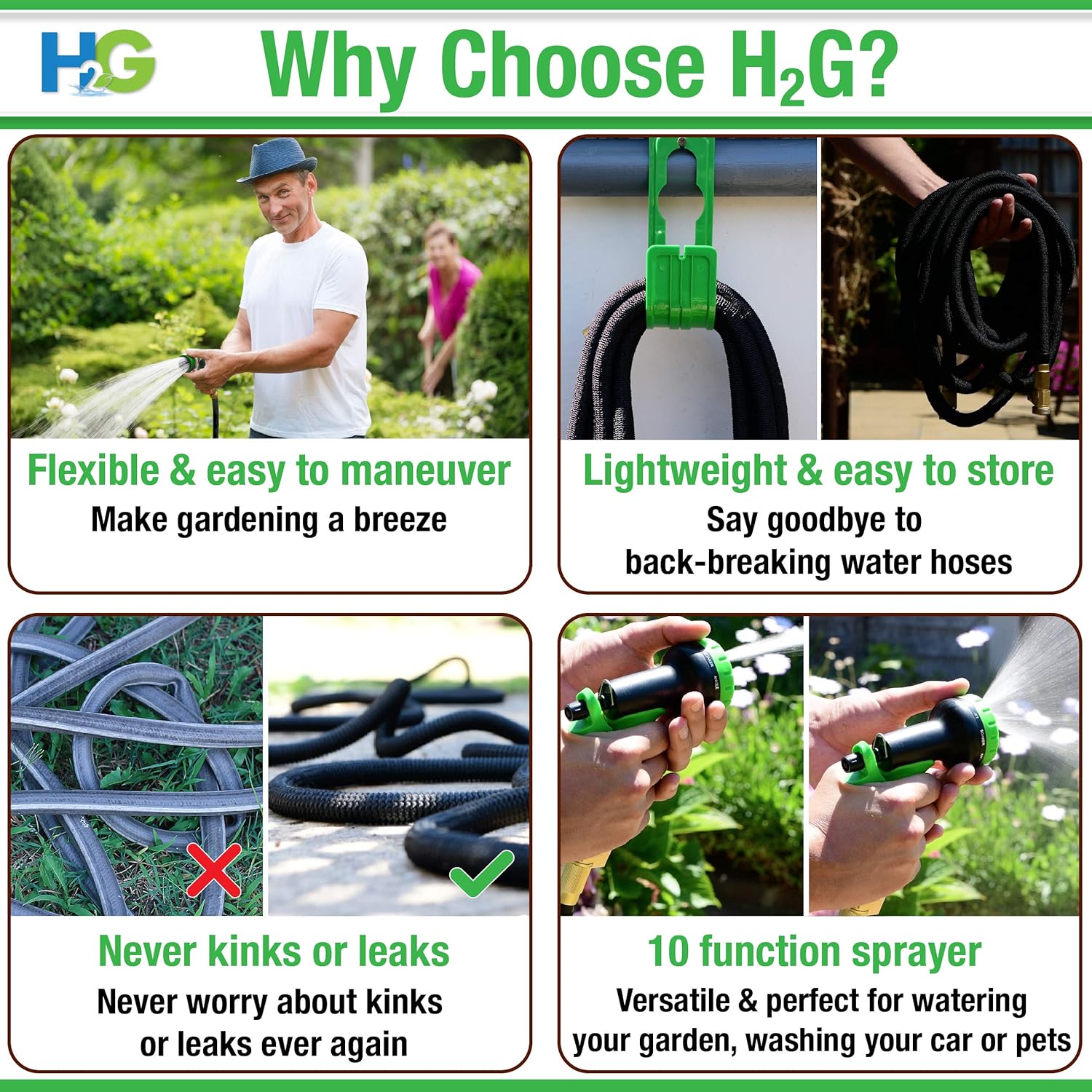 Get Special Price H₂G Flexible Garden Hose 100ft | Expandable Superior Strength Lightweight Retractable Water Hose 100 ft | Expanding Black Flex No Kink Shrinking Hoses | 3/4 Brass Connectors | 10 Mode Sprayer