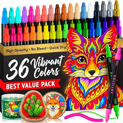 ARTISTRO 36 Precision Dual-Tip Acrylic Paint Markers – Paint Pens Set with Dot & Fine Tips for Fabric, Rock, Glass, Wood, Coloring Books – Arts & Crafts Gift – Classroom Must Haves & School Supplies