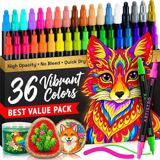 ARTISTRO Dual-Tip Acrylic Paint Marker Pens - Set of 36 | For Fabric, Rock, Glass, Wood, & Coloring Books, Arts & Crafts Gift, Classroom Must Haves & School Supplies (Dot & Fine Tips)