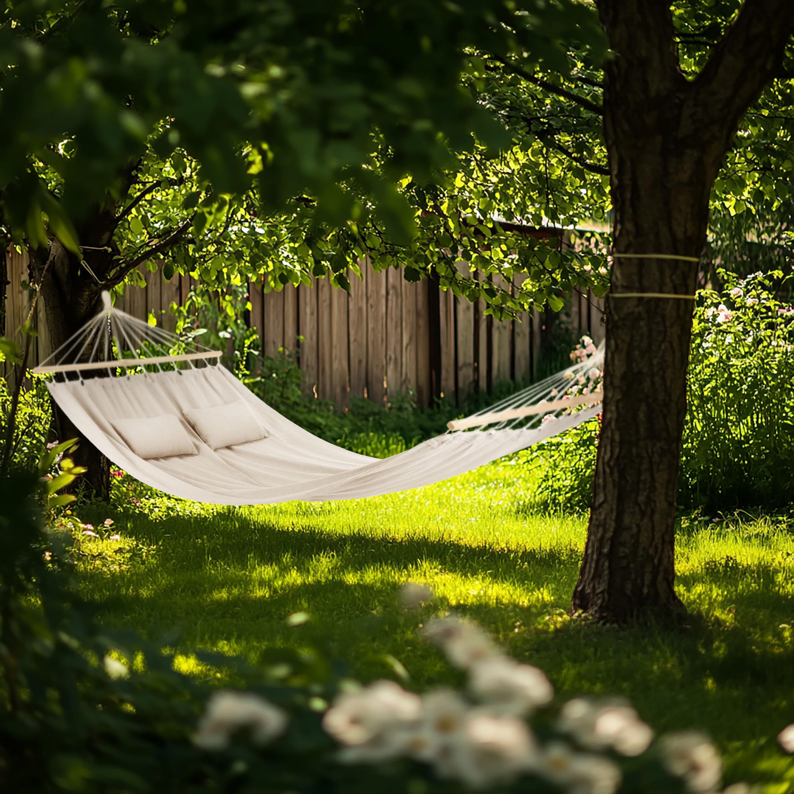 Amaca 200 x 150 cm, fino a 200 kg, per esterni, doppia amaca per 1-2 persone, in cotone con cuscino per giardino, balcone, terrazza, traspirante, per bambini e adulti, grigio