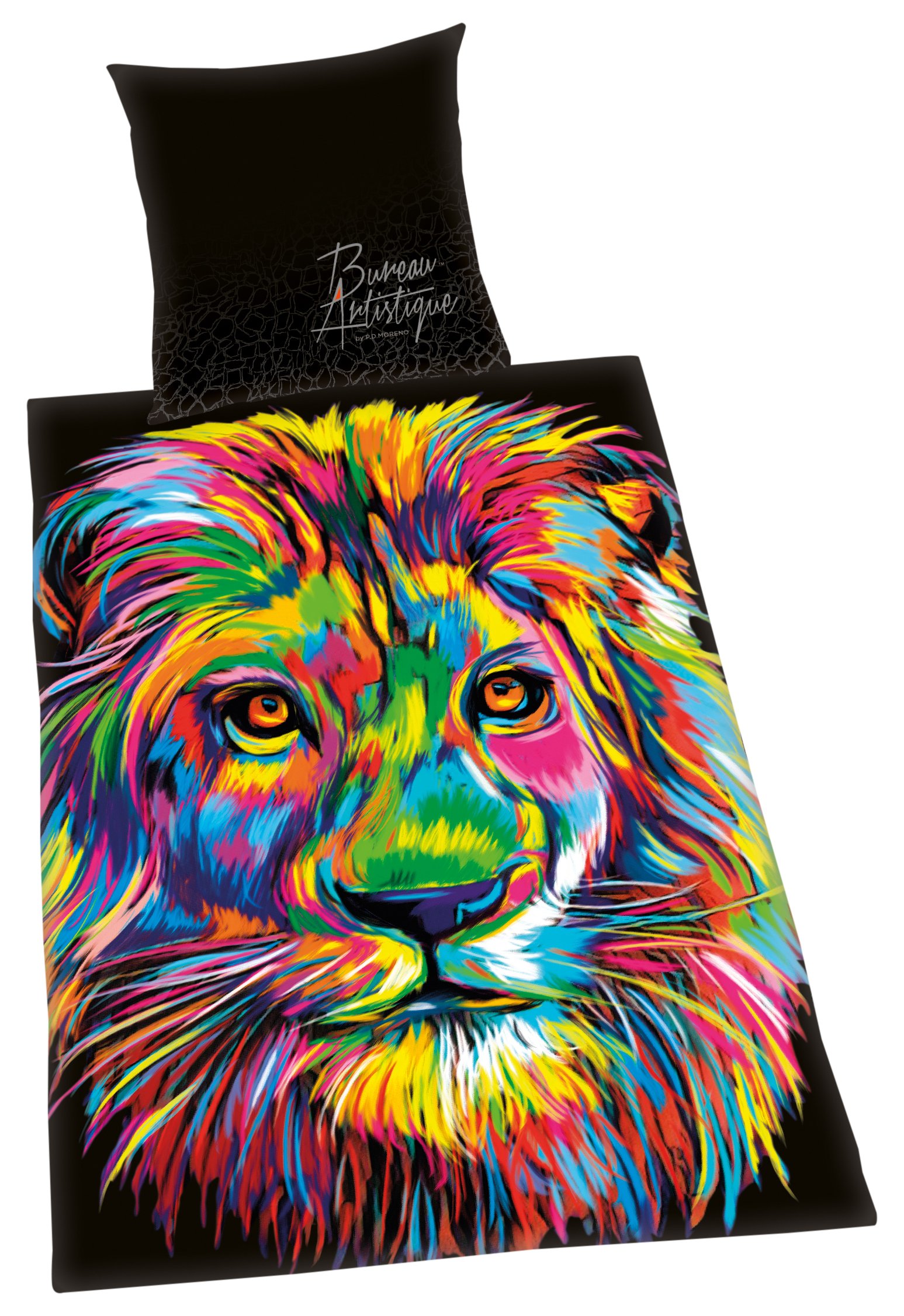 HerdingBUREAU ARTISTIQUE Bedding Set Lion, Reversible Motif, Duvet Cover 155 x 220 cm, Pillow Case 80 x 80 cm, Cotton/Satin