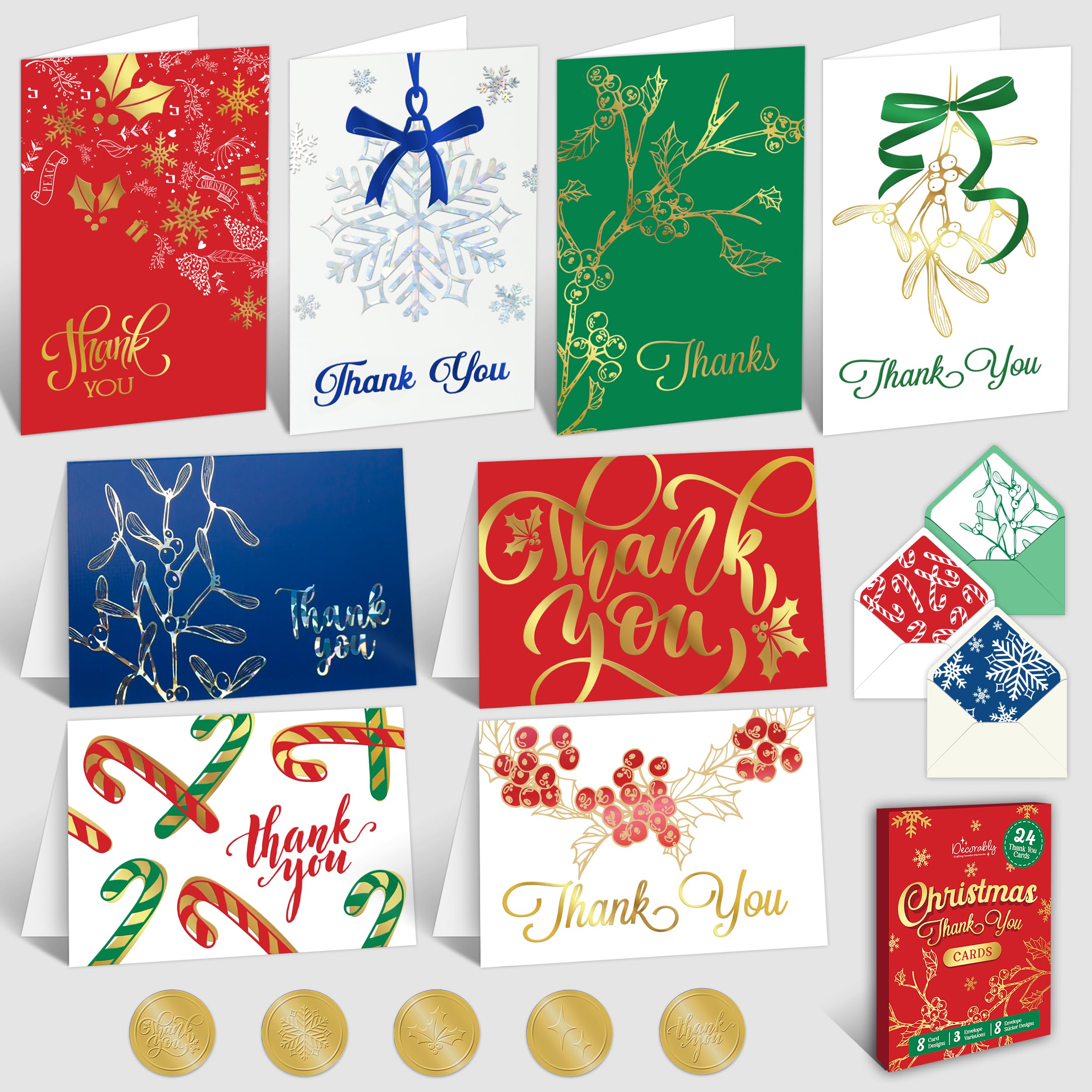 Decorably 24 Pack Foiled 6x4in Christmas Thank You Cards with Envelopes and Stickers, 8 Holidays Designs Seasons Greetings Friends, Family and Loved