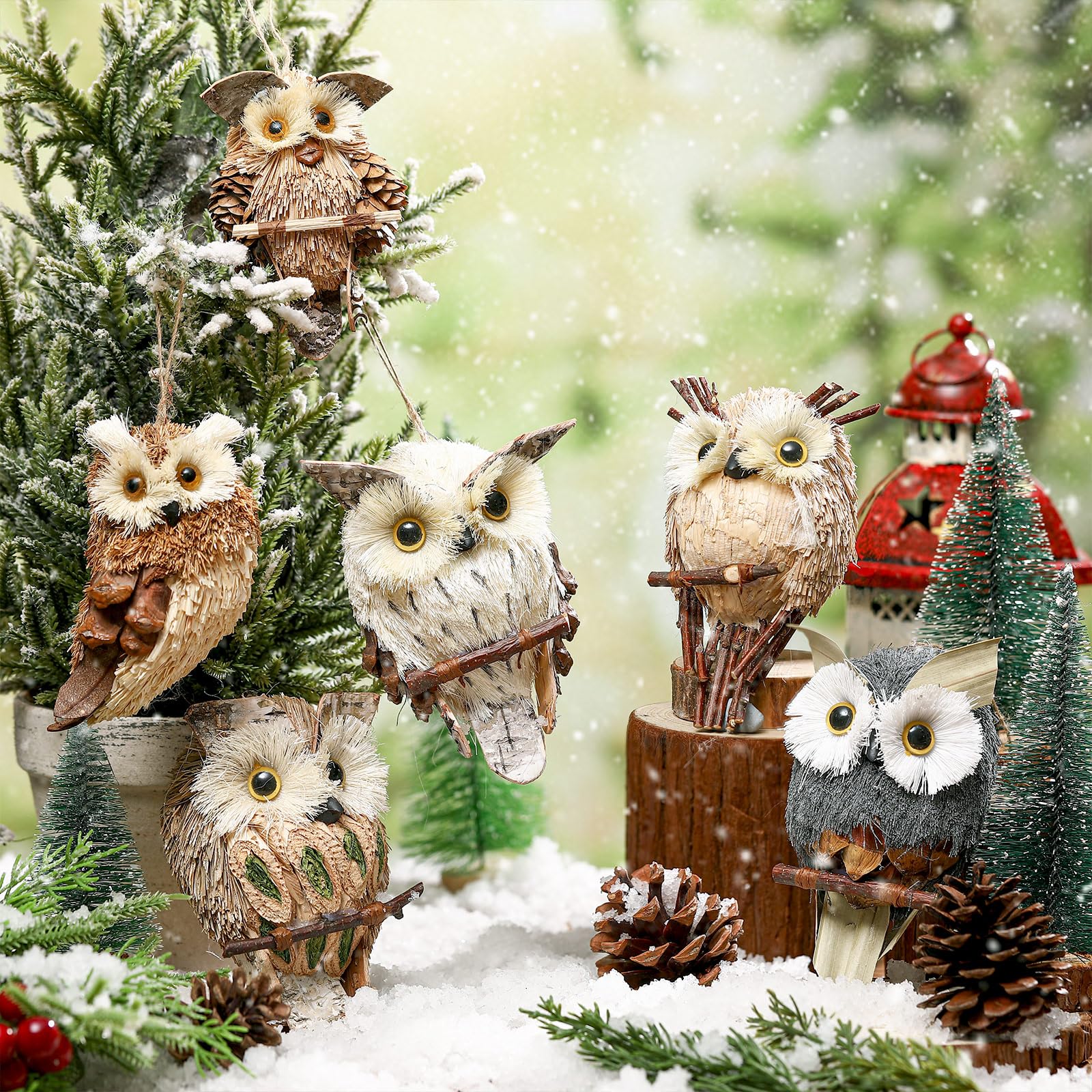 Namalu Confezione da 6 gufi in sisal, statuette di animali in paglia naturale, per ornamenti natalizi rustici, decorazioni realistiche per albero di Natale, artigianato fai da te, decorazioni per