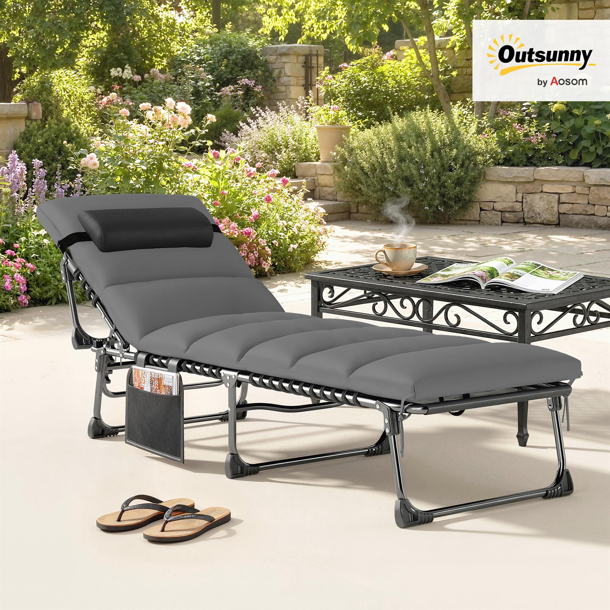 Outsunny Chaise Longue Jardin extérieur, Bain de Soleil Pliable, Dossier inclinable sur 5 Positions, transat avec Coussin, Poche Latérale et Appui-tête, Structure en Acier pour terrasse, Gris Foncé