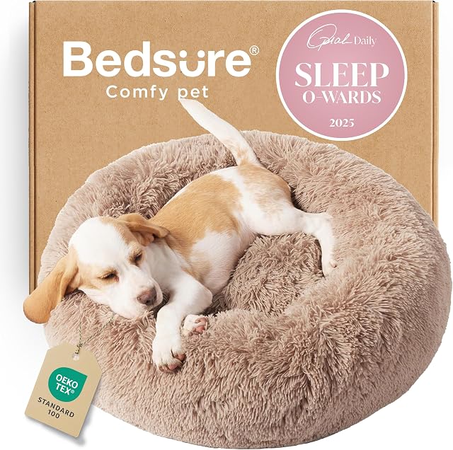 Bedsure Small Dog Bed Washable - Self Calming Dog Beds - 23 inches Fluffy Donut Cuddler for Small Deep Sleep Cat up to 25lbs - Indoor Round Dog Bed – Camel