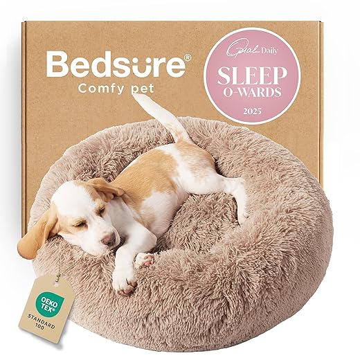 Bedsure Calming Dog Bed for Small Dogs - Donut Washable Small Puppy Bed, 23 inches Anti-Slip Round Fluffy Plush Faux Fur Large Cat Bed, Fits up to 25 lbs Pets, Camel