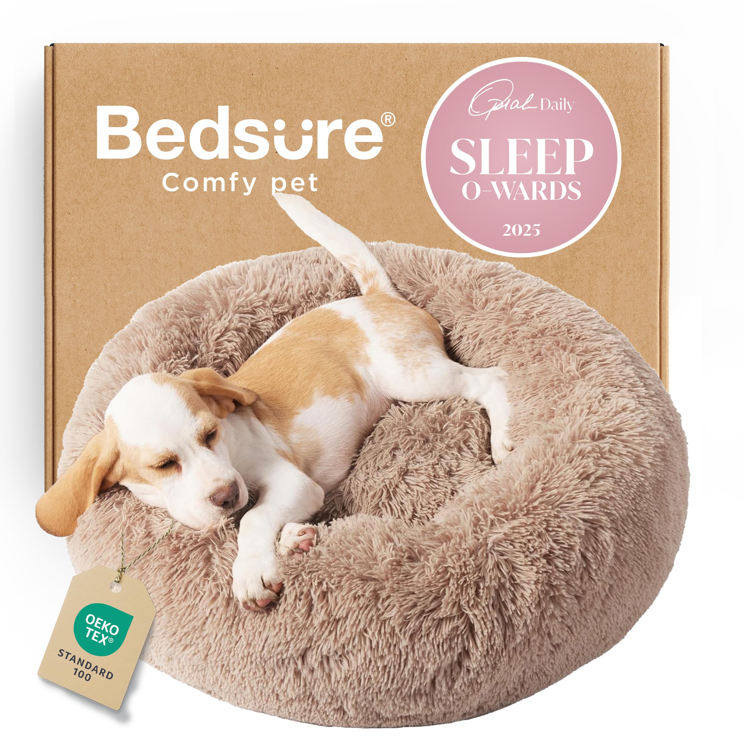 Bedsure Calming Dog Bed for Small Dogs - Donut Washable Small Puppy Bed, 23 inches Anti-Slip Round Fluffy Plush Faux Fur Large Cat Bed, Fits up to 25 lbs Pets, Camel