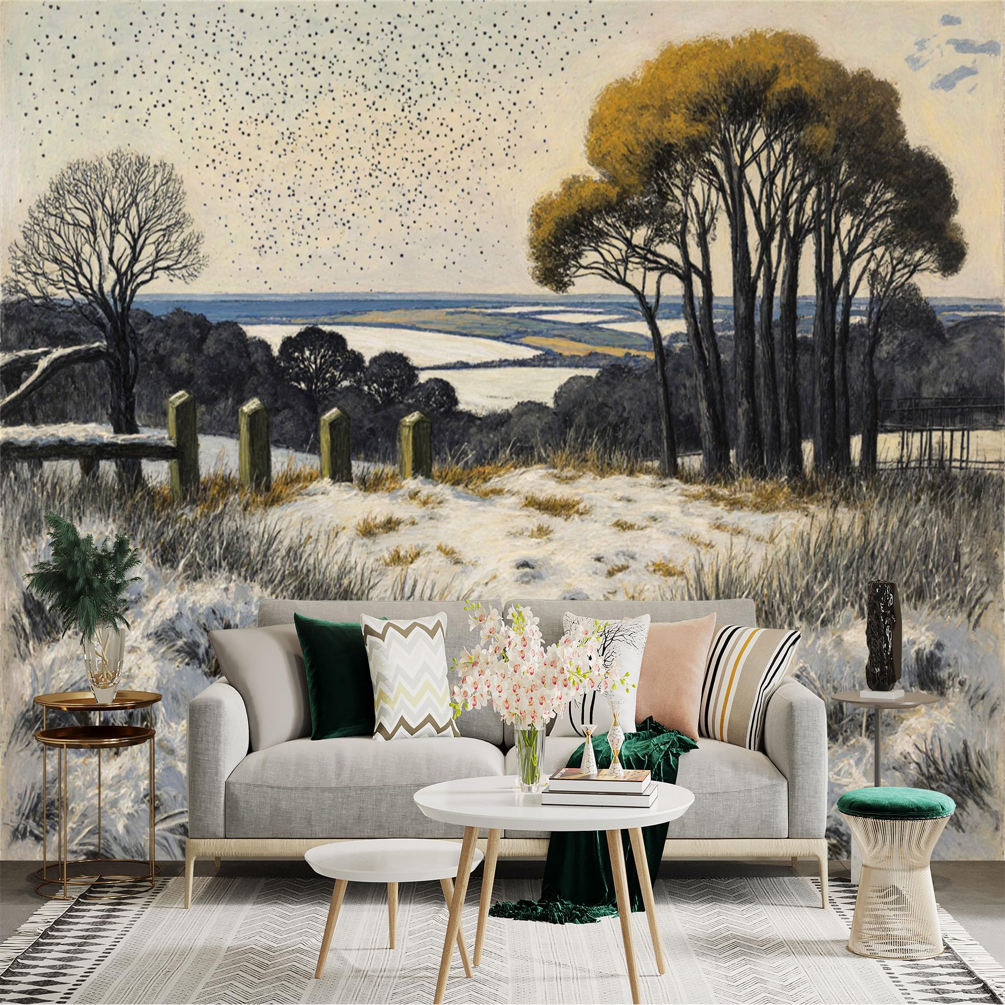 Custom Size Wall Sticker Mural， Winter Landscape with Snowy Field， Trees and Distant Horizon， for wall Decoration， peelandstick wall Decals.