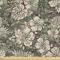 Vista 33 de Ambesonne The Yard, tela de mariquitas de The Yard, flores exóticas hibisco hawaiano follaje ilustración botánica flor de primavera, tela