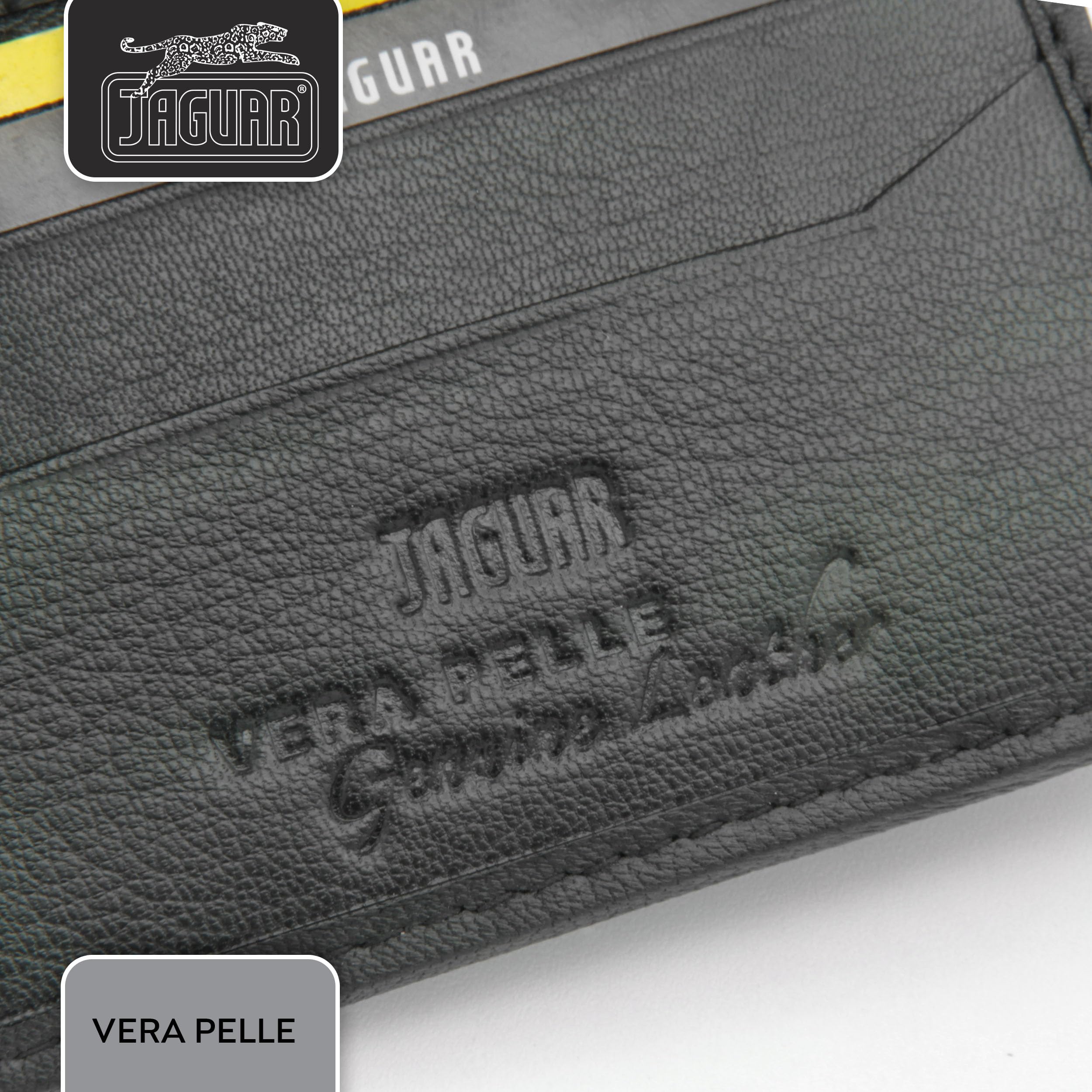 JAGUAR Porta Carte di Credito Uomo in Pelle con Protezione RFID e Logo Distintivo, Portacarte Uomo Portadocumenti Leggero e Comodo, Idea Regalo per Compleanno, Occasioni Speciali (Nero)