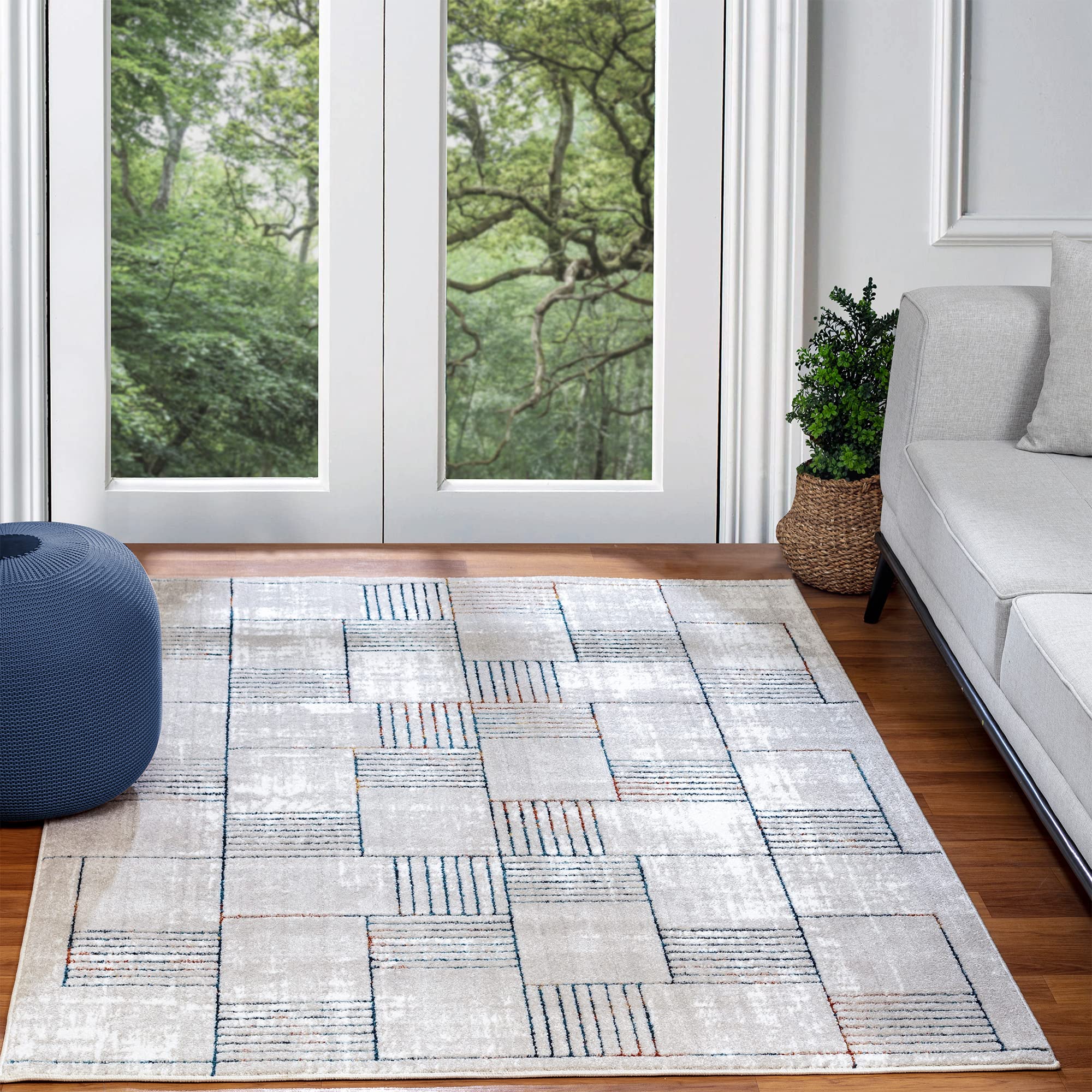 Livabliss Salla Geometric Rug - Scandi Area Rugs Living Room 120x170 cm, Dining, Kitchen - Neutral, Abstract Patterned Rugs, Boho Style, Easy Care Pile - Large Rug, White, Blue and Ochre