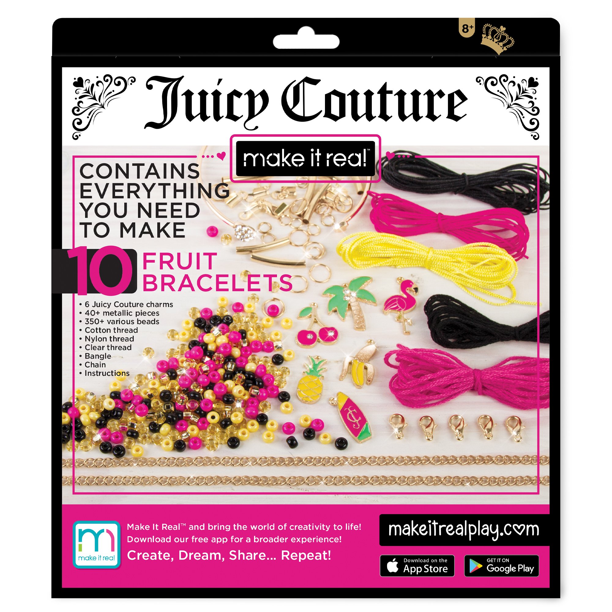 Make It Real – Juicy Couture Fruit Obsessions Bracelets. DIY Bracelet Making Kit for Girls. Design and Create Girls Bracelets with Juicy Couture Charms, Beads, Gold Bangle, Nylon and Cotton Threads