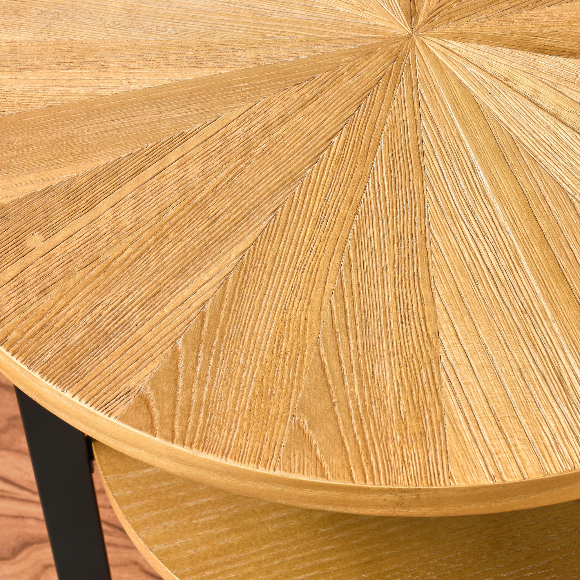 Table d'appoint ronde en bois massif, Petite table basse,Tables Basses Design 2 Étages avec Cadre en Fer Industriel et Plateau en Bois Massif – Style Scandinave/Rétro – Multifonctionnelle