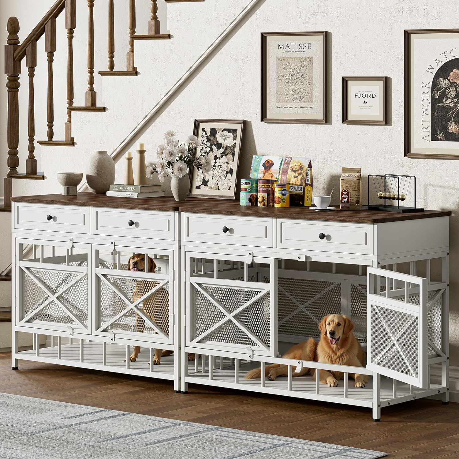 Image showing the two drawers of the IRONCK dog crate furniture open, filled with dog treats and toys, demonstrating the storage capacity.