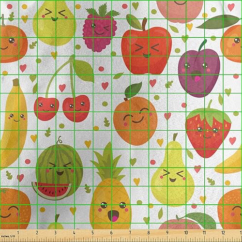 Miniatura 3 de Ambesonne Fruits Fabric by The Yard, Smiling Banana Funny Mulberry Happy Apricot Peach Hearts Lemons Theme, Decorative Satin Fabric for Home