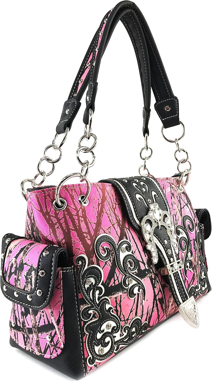 Justin West Camouflage Tree Branches Bling Rhinestone Cross Wings Buckle Crossbody Chain Messenger and Purse