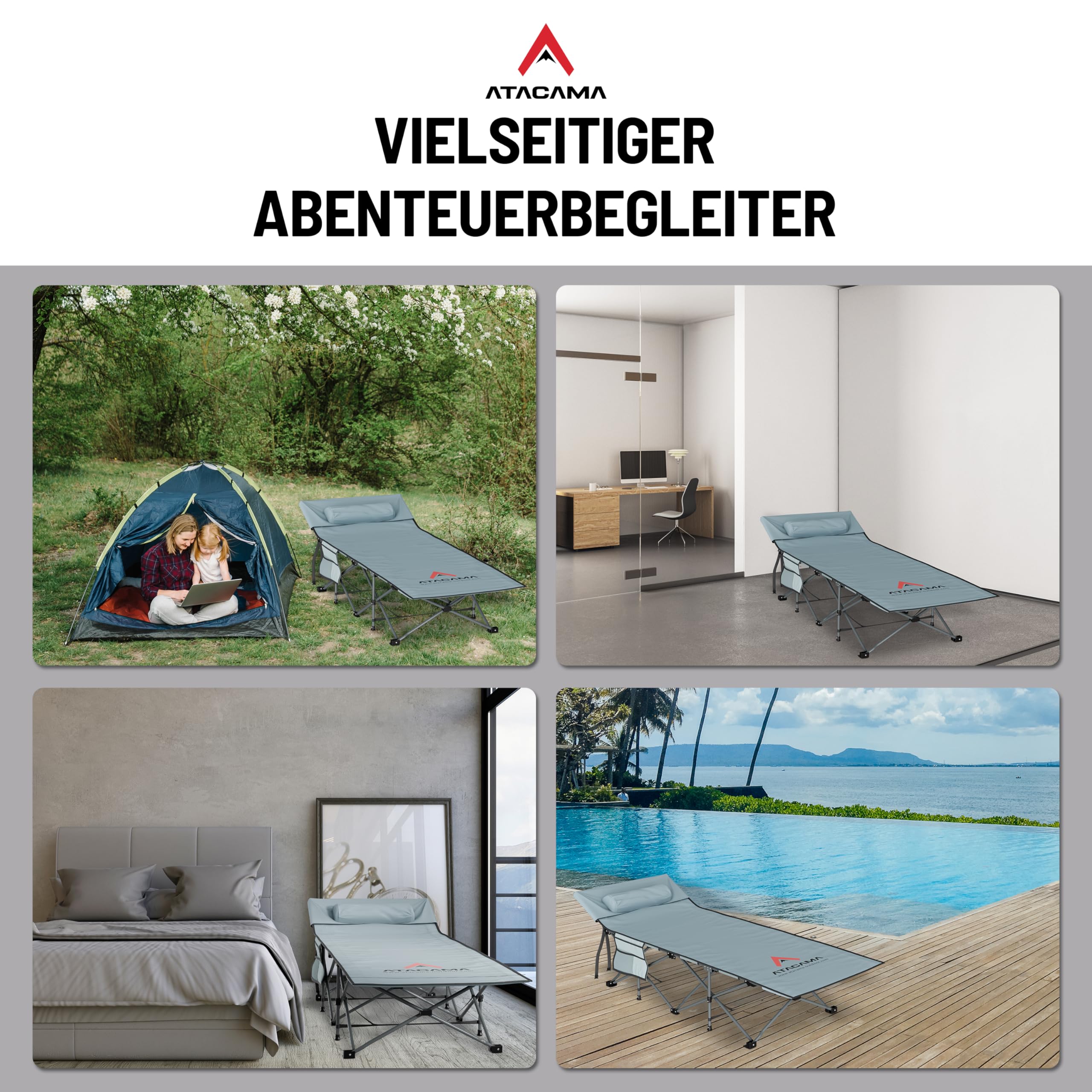 Atacama Feldbett Klappbar, Ultraleichtes Campingbett, Ideal für Outdoor-Abenteuer und Karpfenliege, komfortabel, tragbar Feldbett XXL, 190 x 68 x 38 cm