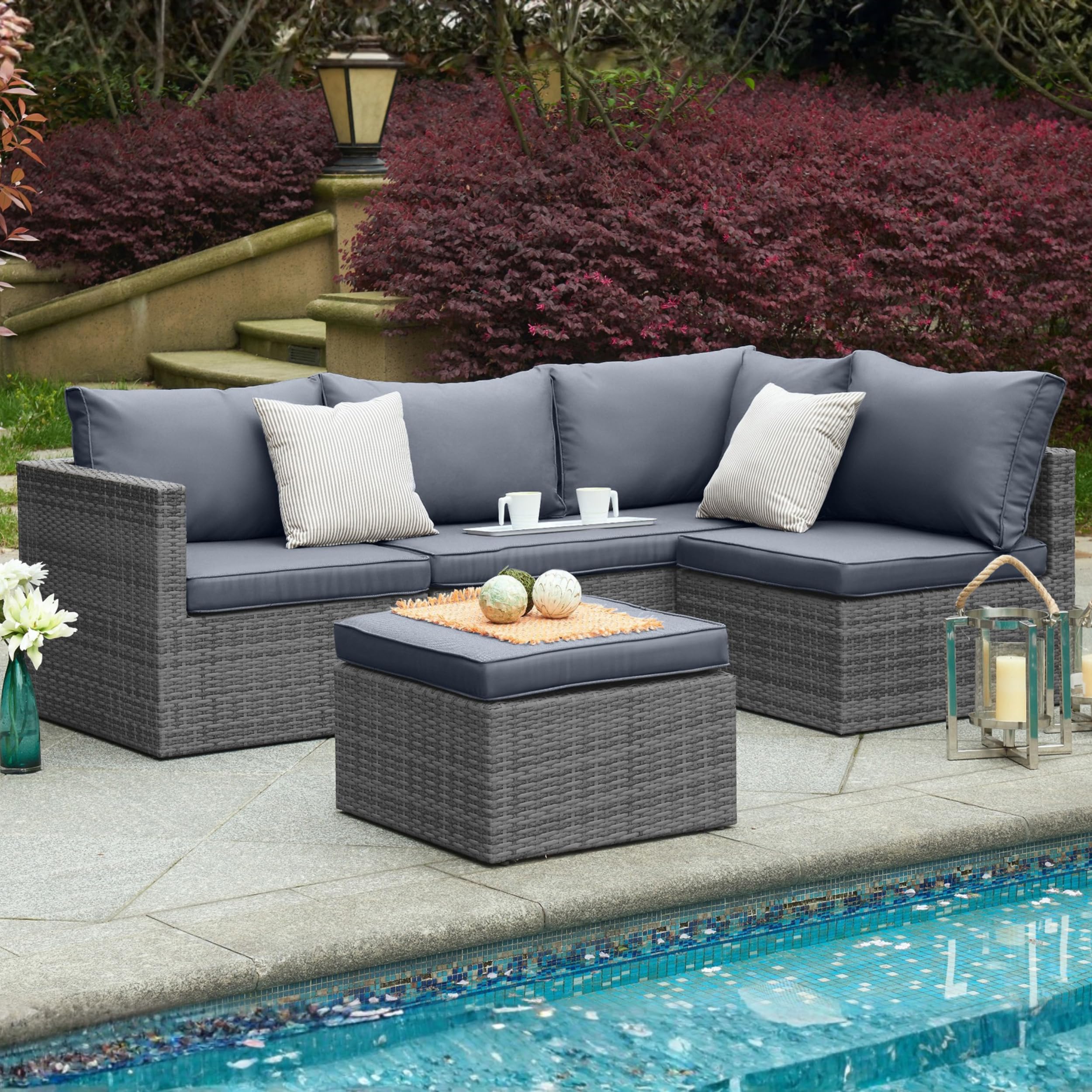 Bravich Ensemble de meubles de jardin en rotin - Canapé d'angle 6 places avec repose-pieds - Ensemble de terrasse en forme de L - Assemblage facile - Avec coussins et housse de pluie - Gris