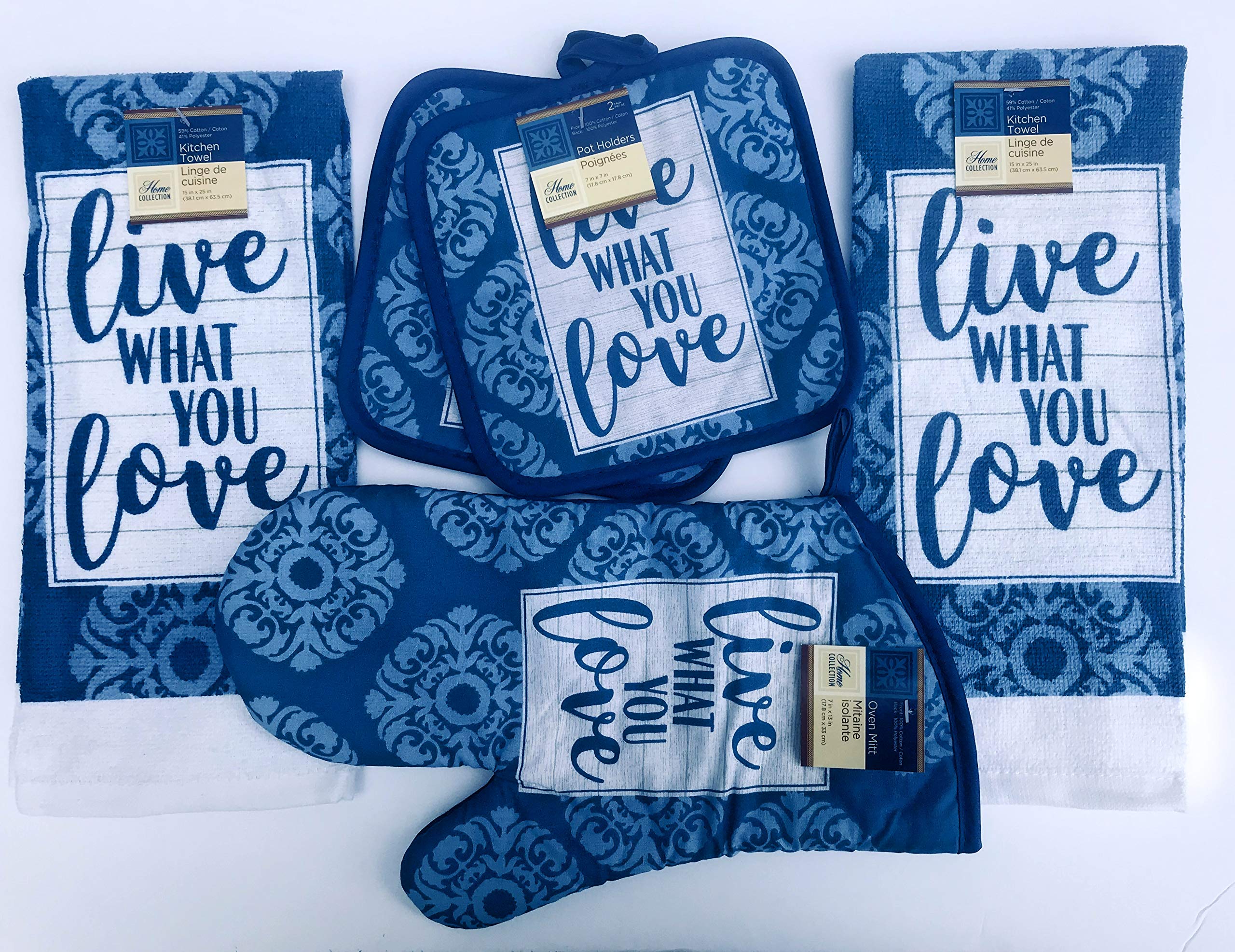 Home Collection Coffee Theme Kitchen Towel Set (Live What You Love) 2 Towels - 2 Pot Holders 1 Oven Mitt