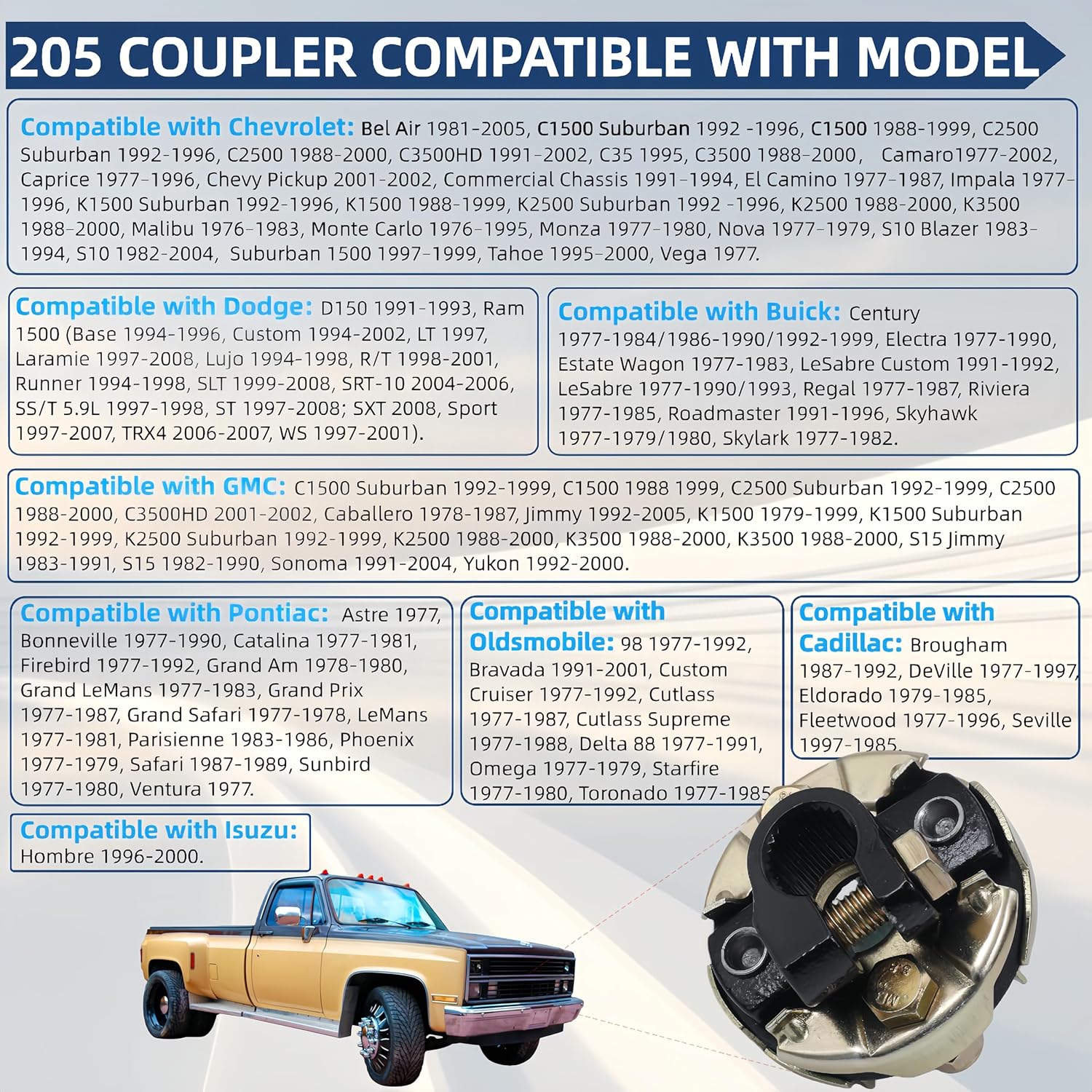 205 Steering Coupling Adaptation 3/4" 26 Spline Lnput Shaft with 2-3/4" OD. 205 Coupling Assembly Compatible with Chevrolet GMC Buick Cadillac Dodge Isuzu Oldsmobile