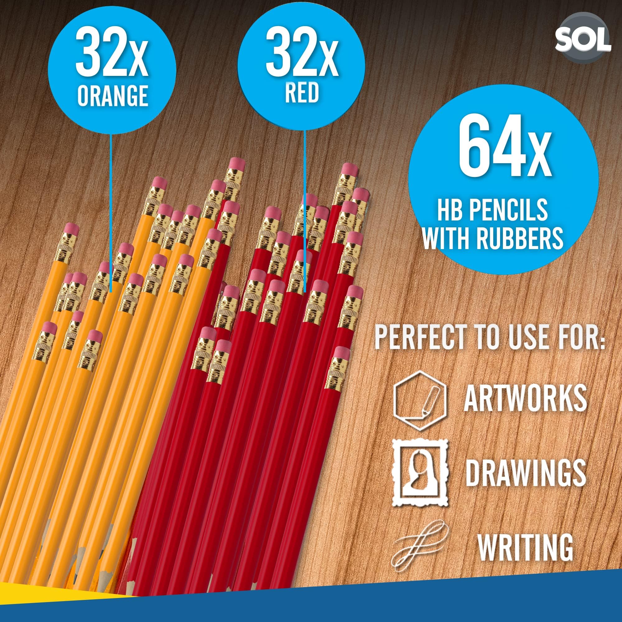 SOL 64pk HB Pencils with Rubbers on the End, Durable Lead for Smooth Writing & Drawing, Eraser-Tipped Design - Image 2
