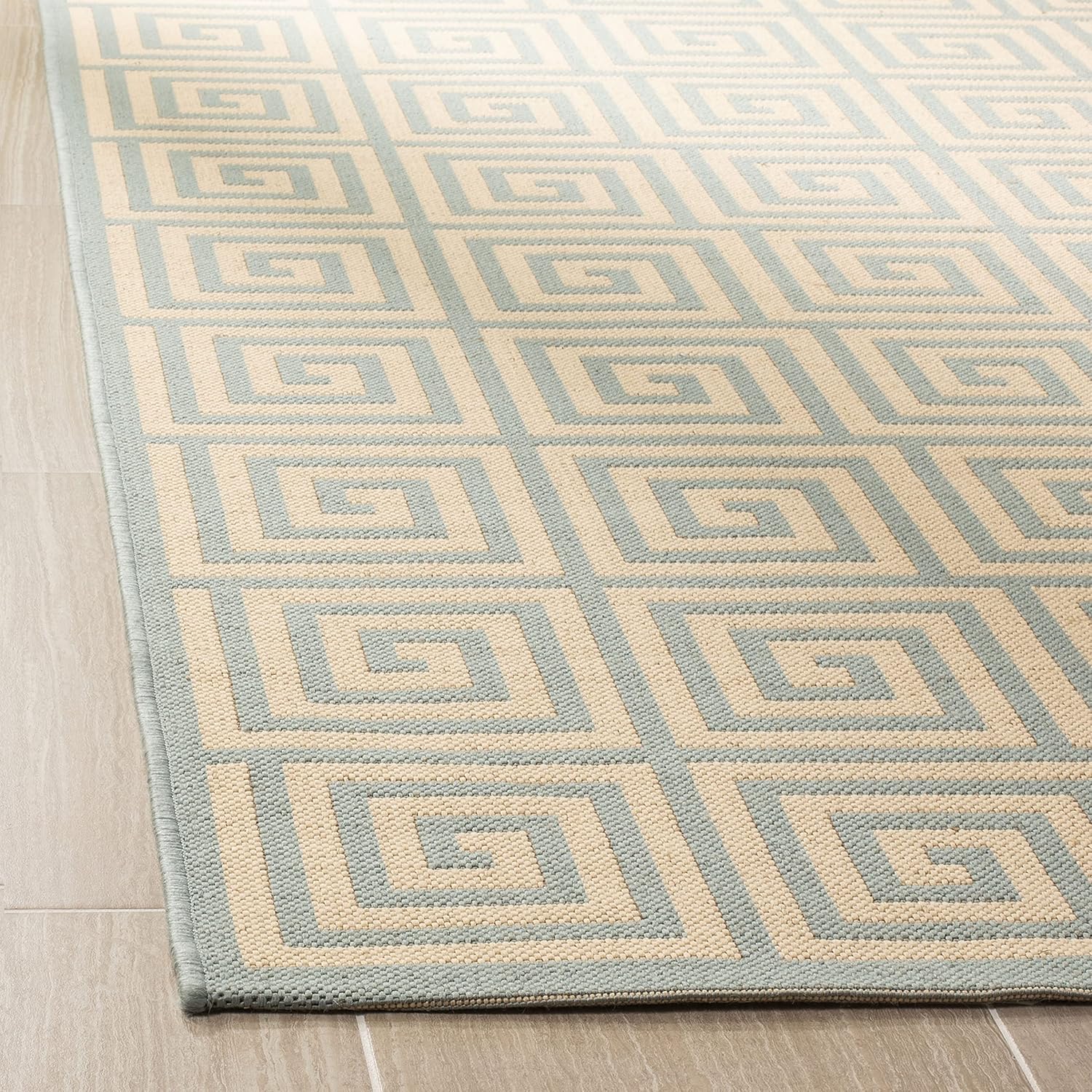 SAFAVIEH Washable Rug Outdoor Linden Collection - 6'7" Square, Cream & Aqua, Non-Shedding & Easy to Clean, Ideal for Patio, Backyard, Mudroom (LND129L)