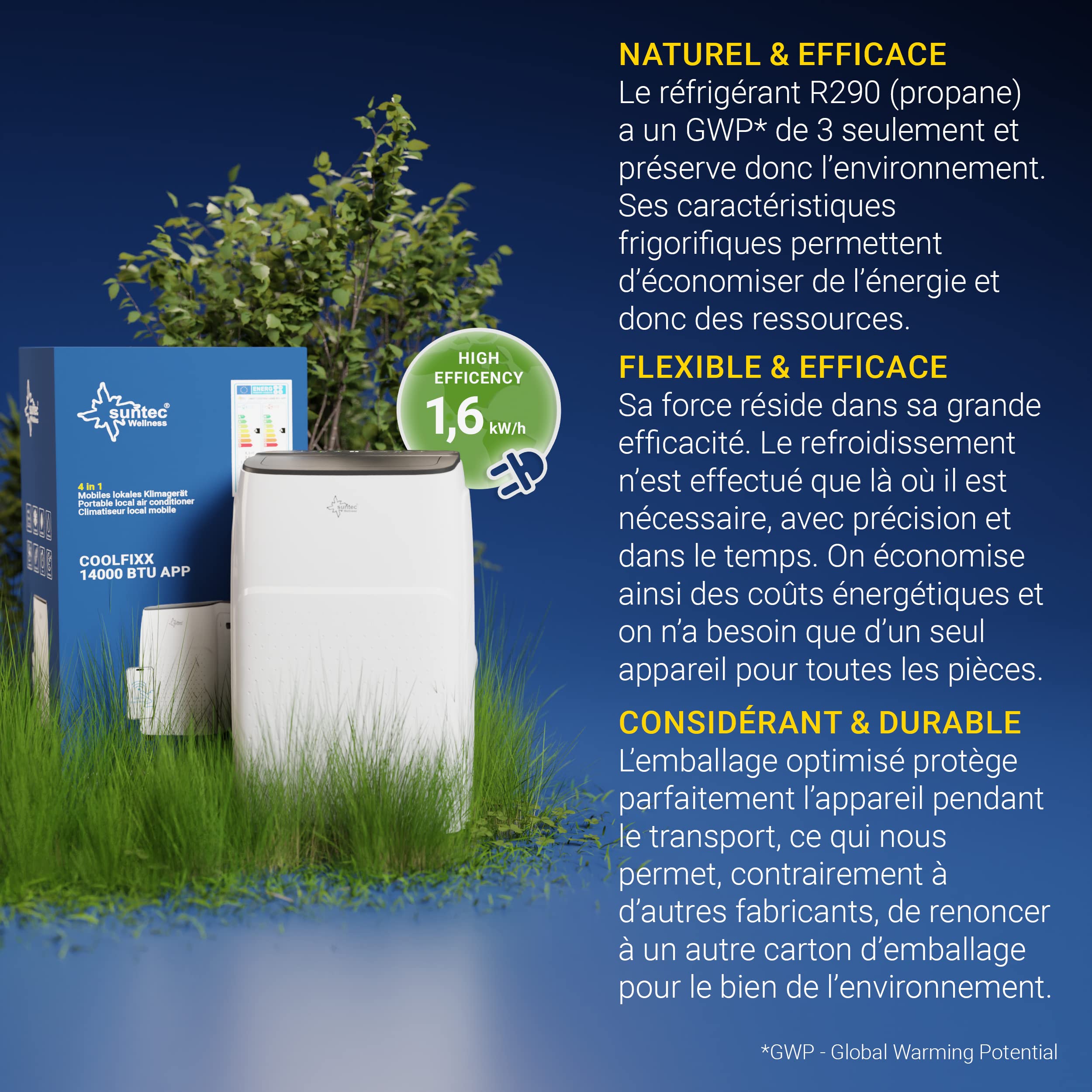 SUNTEC Climatiseur mobile Coolfixx 14000 BTU APP - Climatiseur mobile et silencieux avec commande Smart App - Déshumidificateur pour pièces jusqu'à 70 m² - Refroidissement & chauffage mobiles