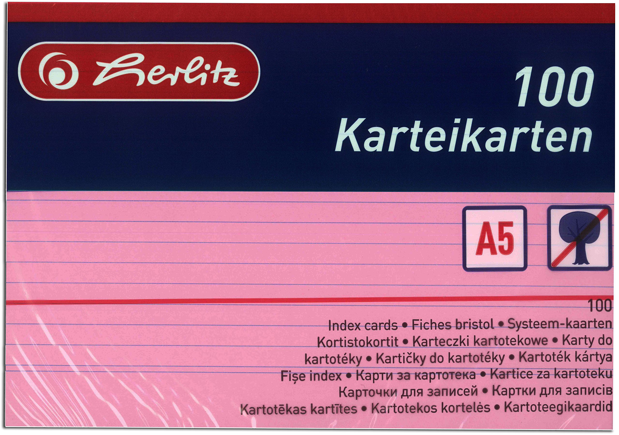 Herlitz Karteikarten A5, 170 g/m², holzfrei, 100er Packung, liniert (Gemischte Farben, 10 Packungen)