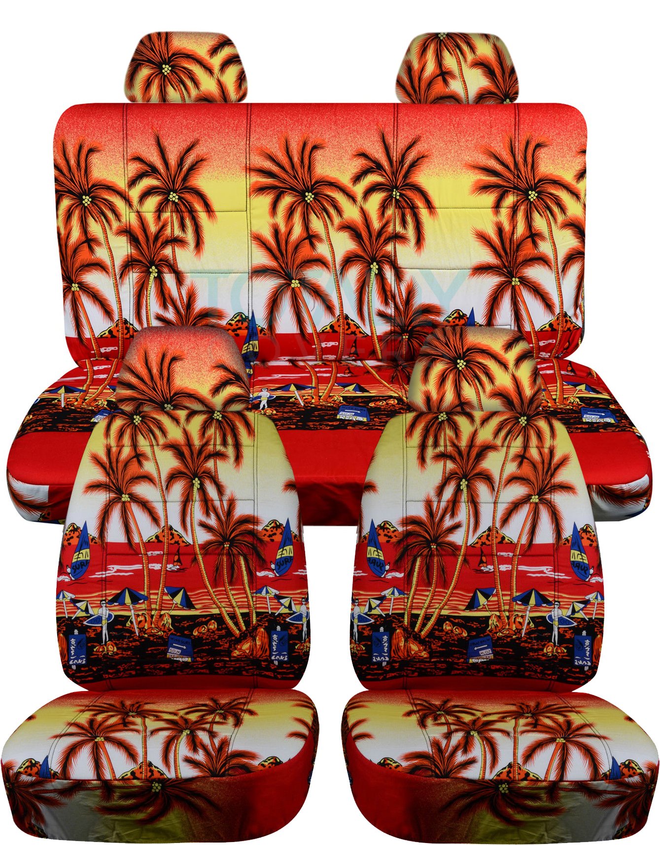 Totally Covers Compatible with 1998-2011 Volkswagen VW New Beetle/Bug Hawaiian Seat Covers: Red with Palm Tree - Full Set Front & Rear (4 Prints)
