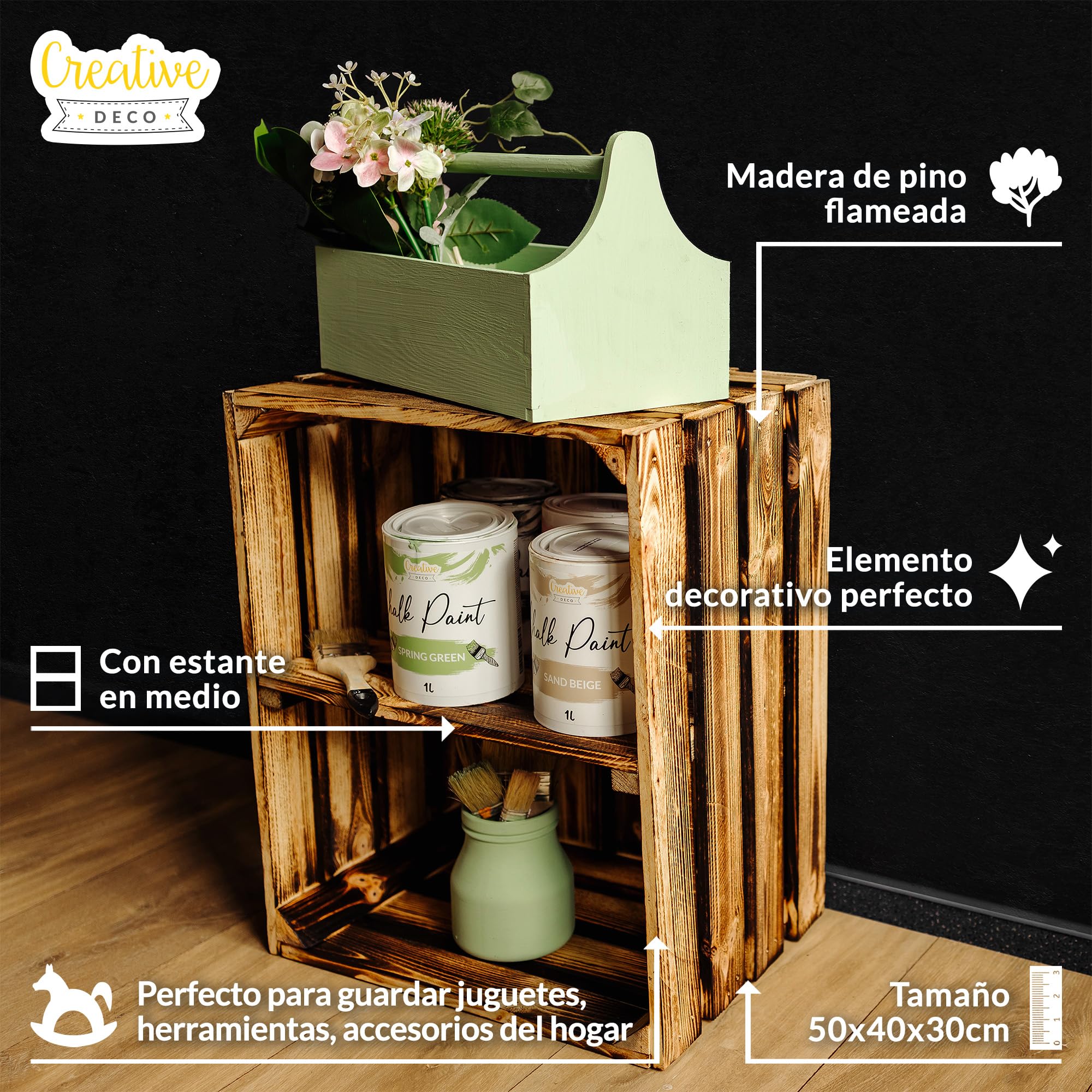 Creative DECO Caja de Madera Flameada con Estante | 50x40x30 cm