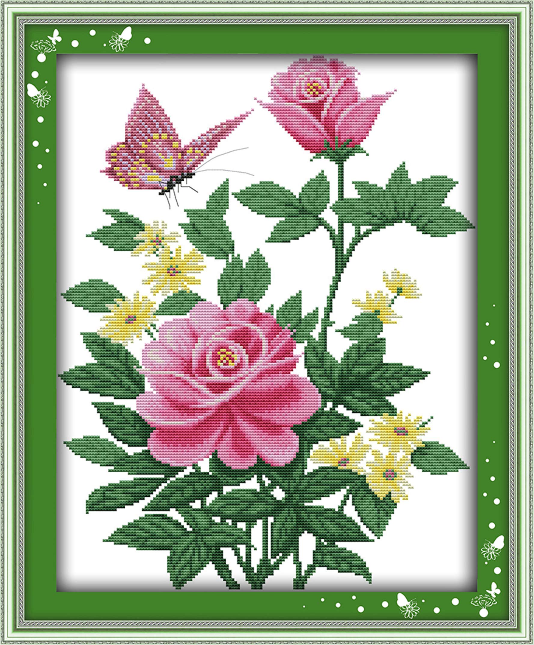 CaptainCrafts Kreuzstich-Set „Rose & Herz“ – Inkl. Garn, Stoff, Nadel & Anleitung, Gestempelt Oder Weiß