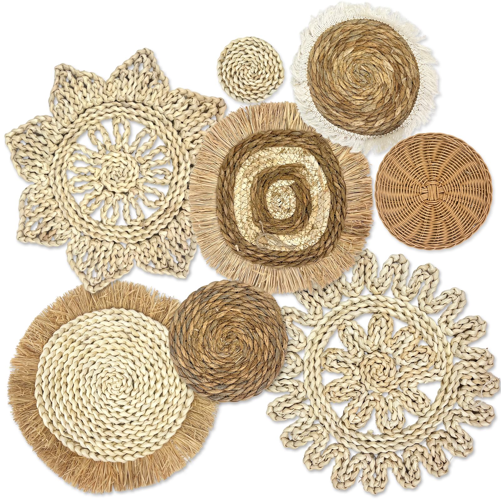 Lot de 8 paniers muraux décoratifs bohème, tressés à suspendre, en jonc de mer et rotin, paniers ronds faits à la main, avec franges, en feuille de maïs et joncs, décoration murale bohème pour salon