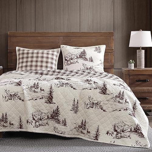 Miniatura 2 de Paseo Road White Pine Rustic Bedding - Juego de edredón de 3 piezas tamaño King, ropa de cama de algodón blanco con estampado de oso marrón, ciervo,