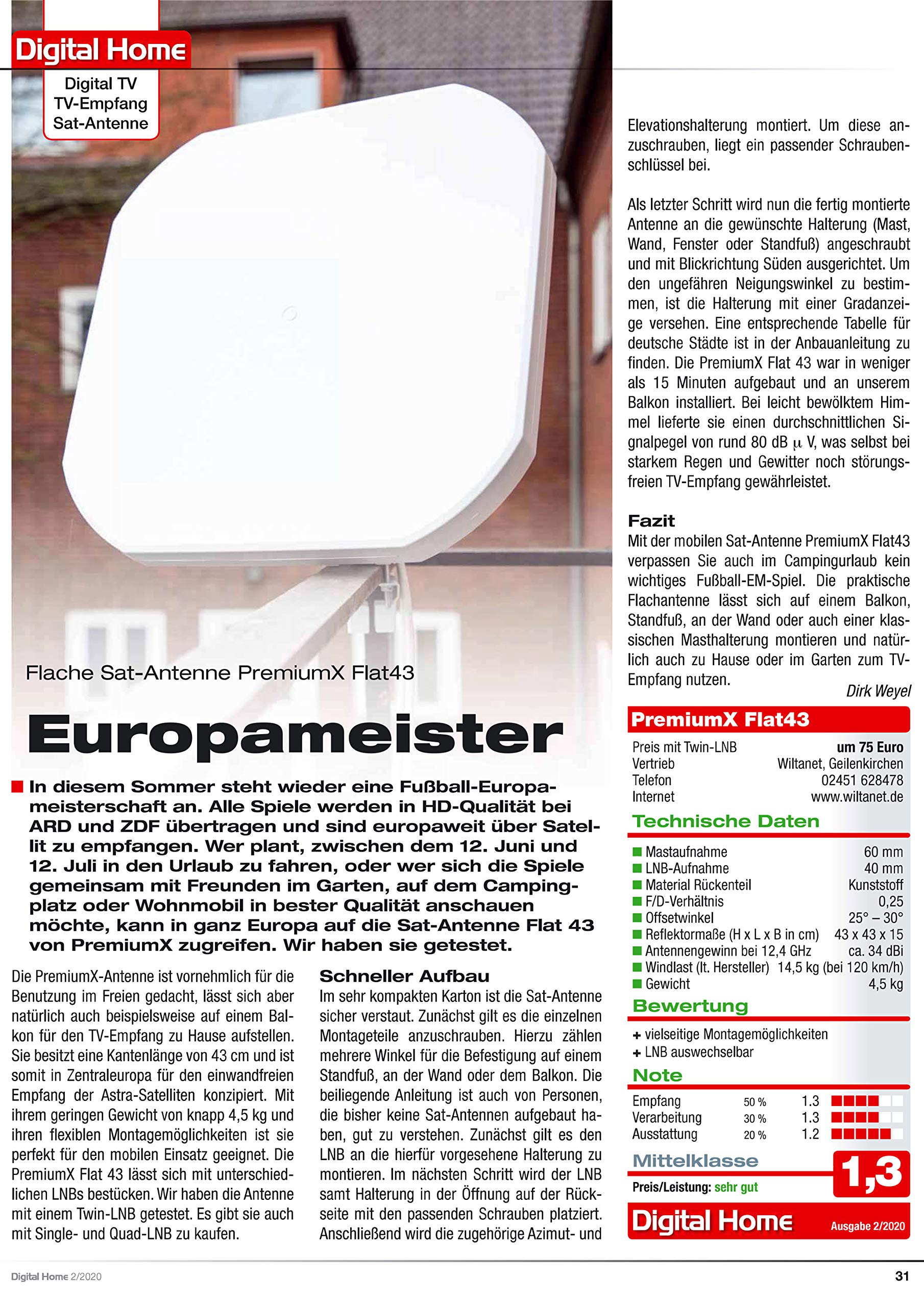 PremiumX Satelliten Anlage Flat43 Flachantenne Single LNB Dreibein-Stativ Tripod 10m Antennen-Kabel 2X F-Stecker Sat-TV-Signalfinder