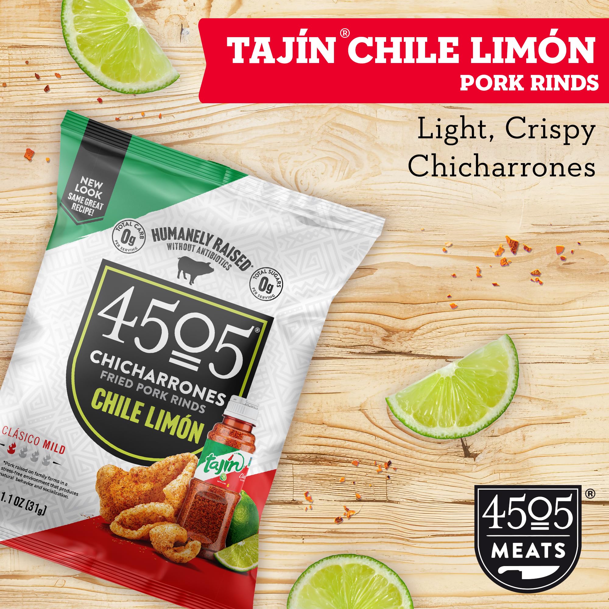 4505 Meats, Tajin Seasoned Chicharrones, Chile Limon Mild, Fried